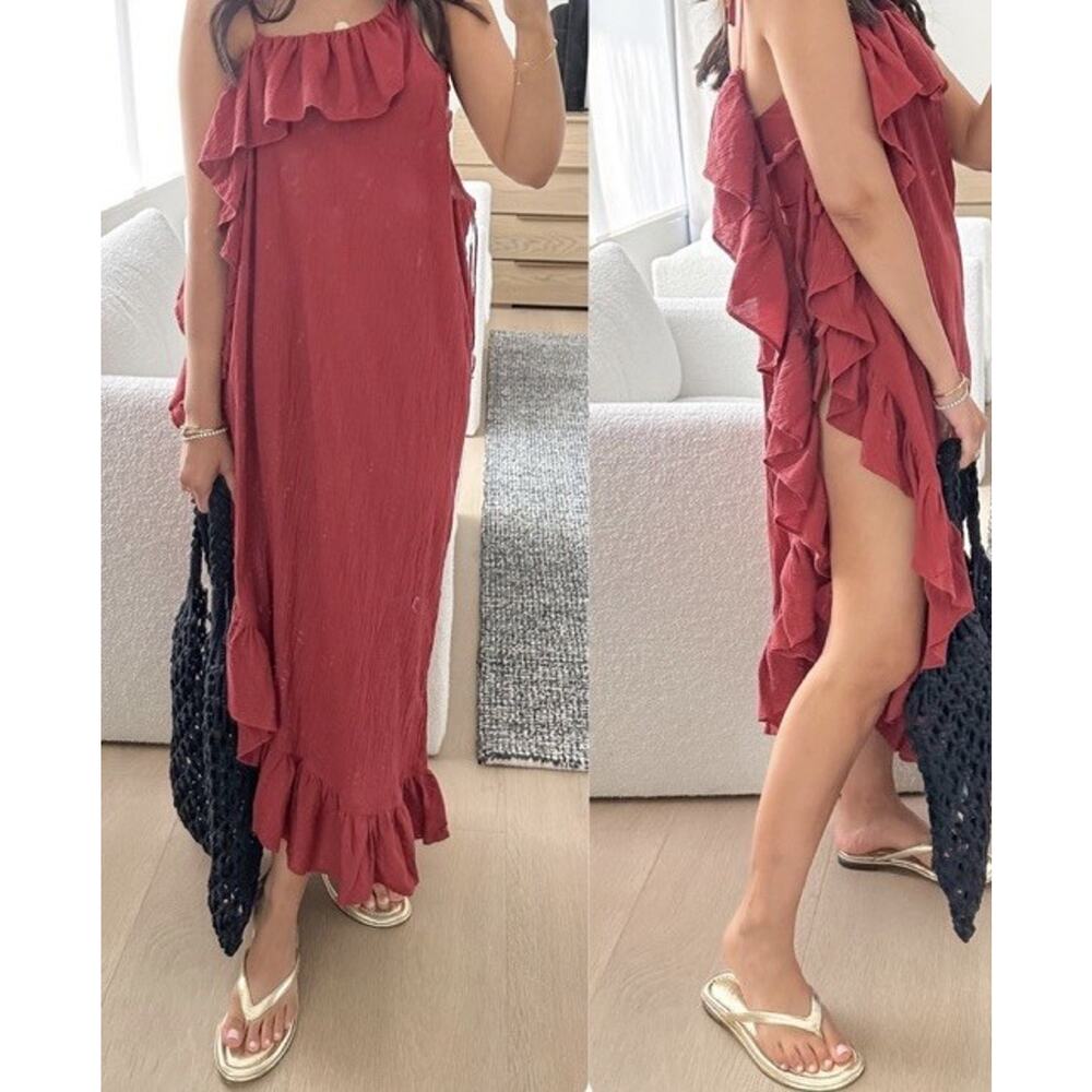 J. Crew One Shoulder 100% Cotton Gauze Beach Pool‎ Coverup Red Brown